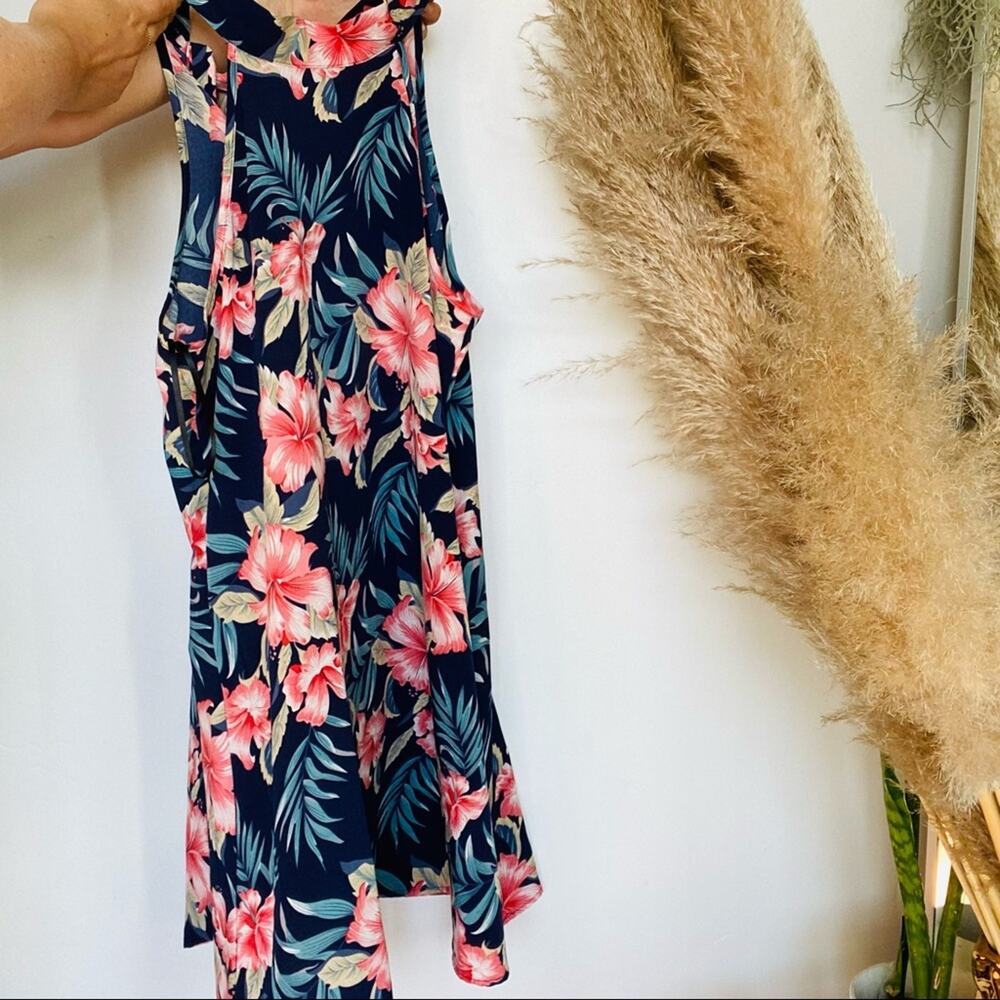 SHEIN Navy Blue Pink Floral Palm Tropical Print Tank Top Mini Halter Dress S - Picture 3 of 7